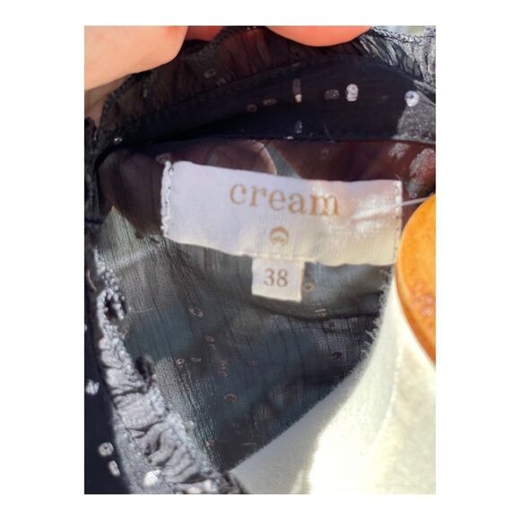 Cream Sheer Blouse Long Statement Sleeve Keyhole Bow Tiered Ruffle Neck Sz 38 - Picture 11 of 11